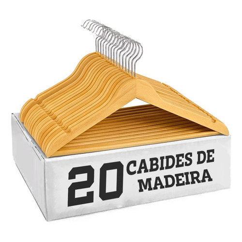 Kit 20 Cabide De Madeira Adulto Grande Antideslizante Marfim Natural Gancho 360° Camisa Calça Jaqueta Blusa
