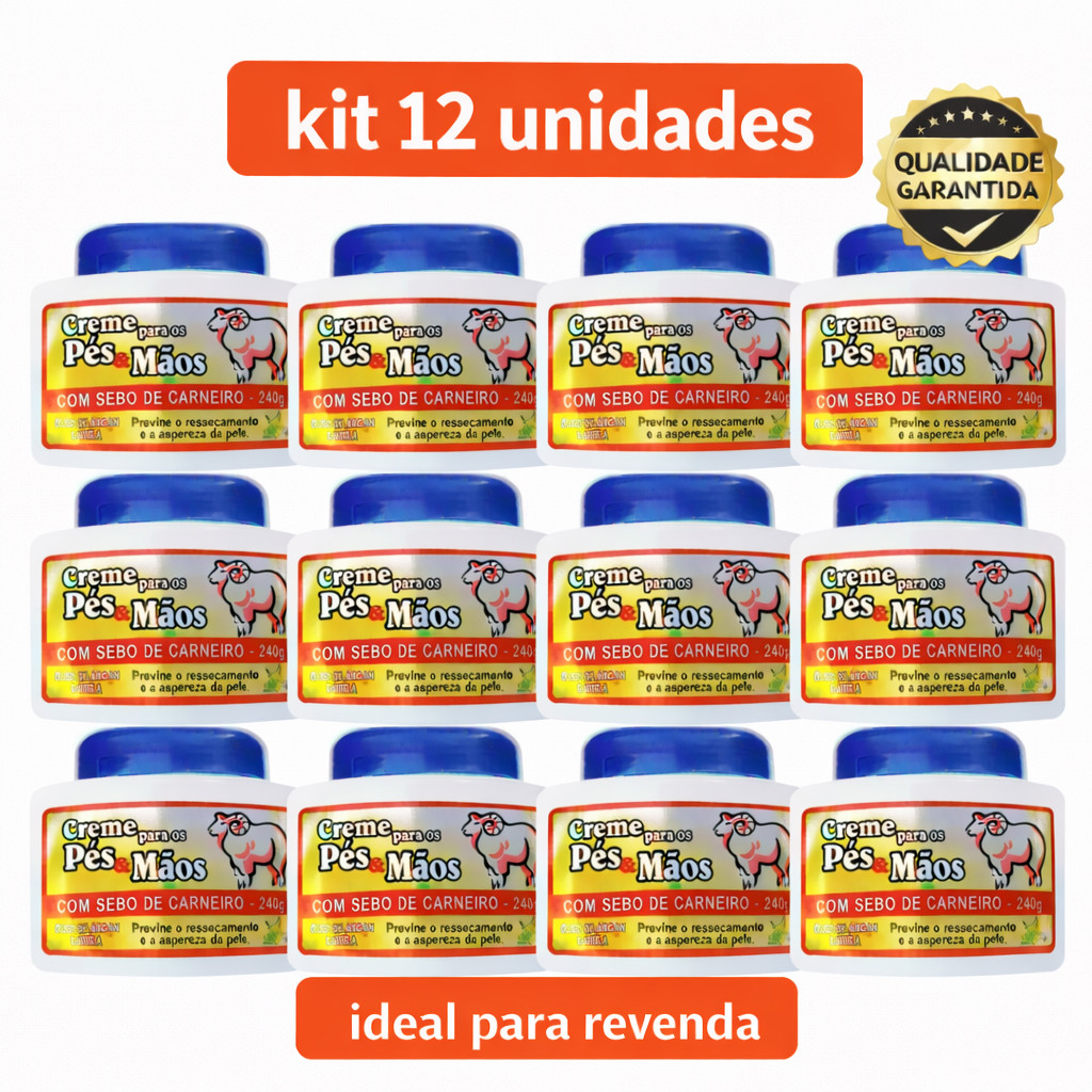Kit 12 Creme Pés e Mãos com Sebo de Carneiro 240g Sanjully |Hidratação Intensa | Óleo de Argan/Ureia