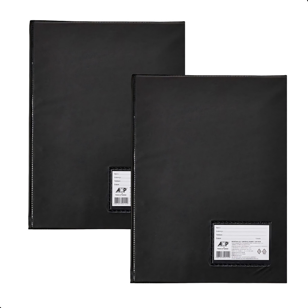Pasta Catálogo A4 Preta com Visor 10 Plásticos Kit 2 Unidades para Documentos e Escritório