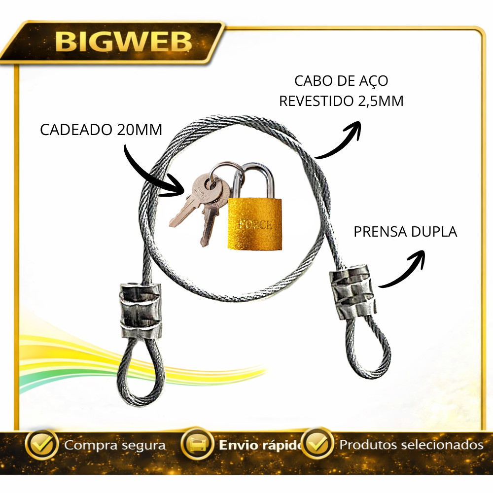 Lacre de Segurança Cabo Aço revestido 25cm / 35cm / 45cm / 60cm + Cadeado 20mm Escolha o Tamanho