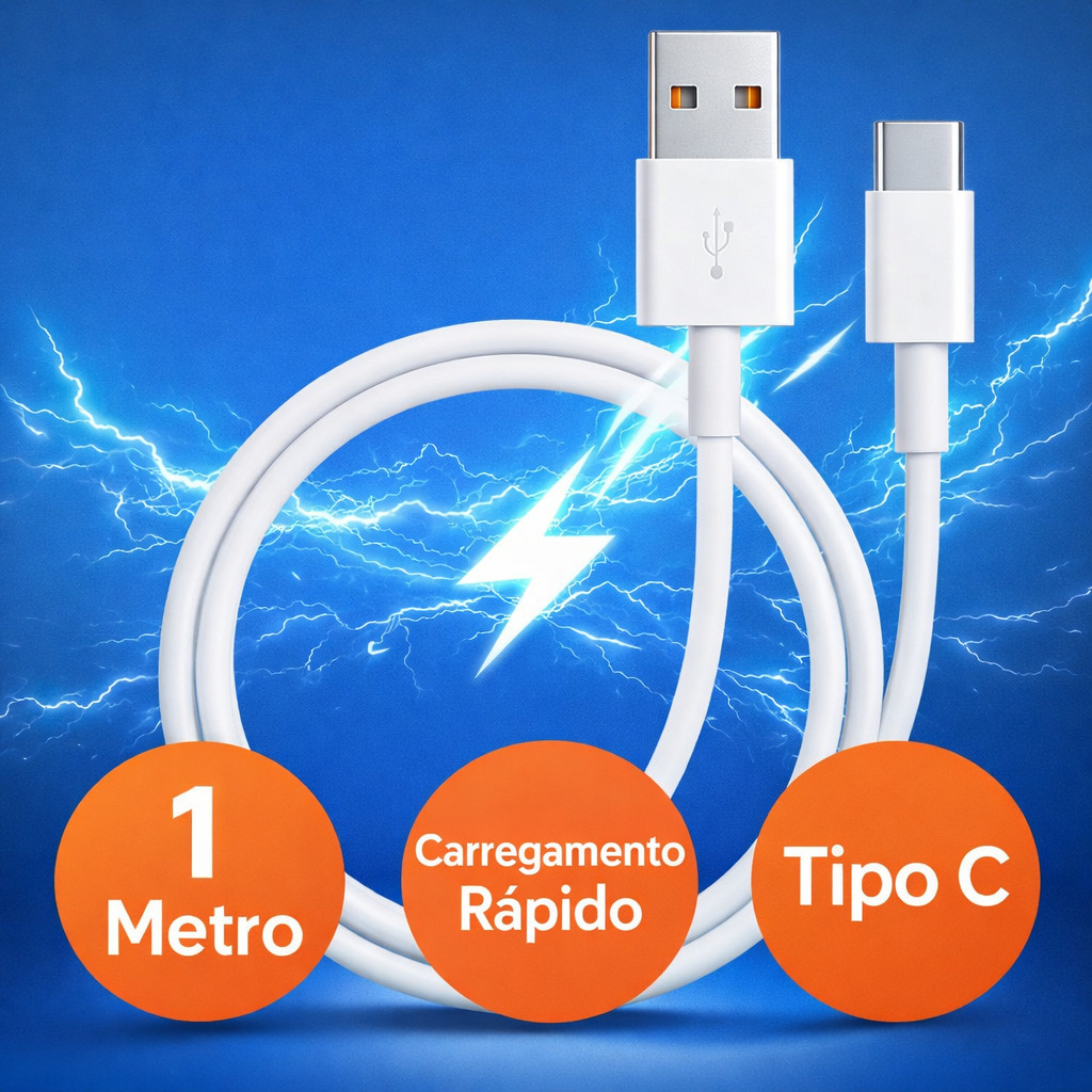 Cabo USB Tipo-C Turbo 25W 1 Metro Carregamento Rápido Compatível com Android e iPhone USB-C Alta Velocidade Reforçado
