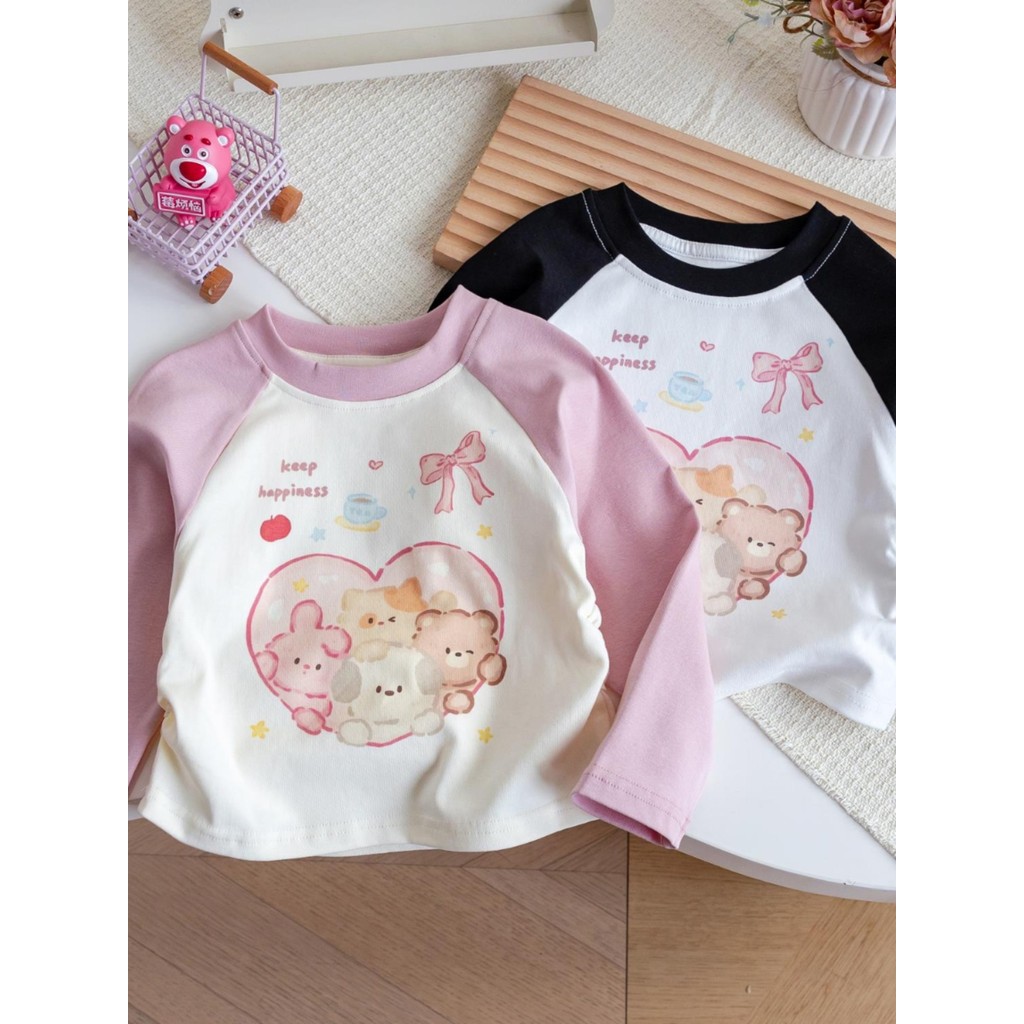 Algodão puro meninas de manga comprida camiseta novo estilo primavera outono roupas crianças dos desenhos animados impre
