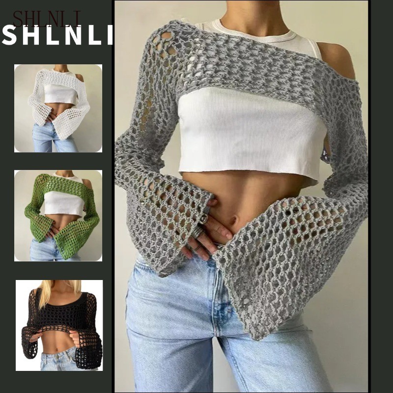Primavera Verão Feminino Protetor Solar Manga Longa Em Torno Do Pescoço Oco Cardigans Coreano Design Solto Camisola De M