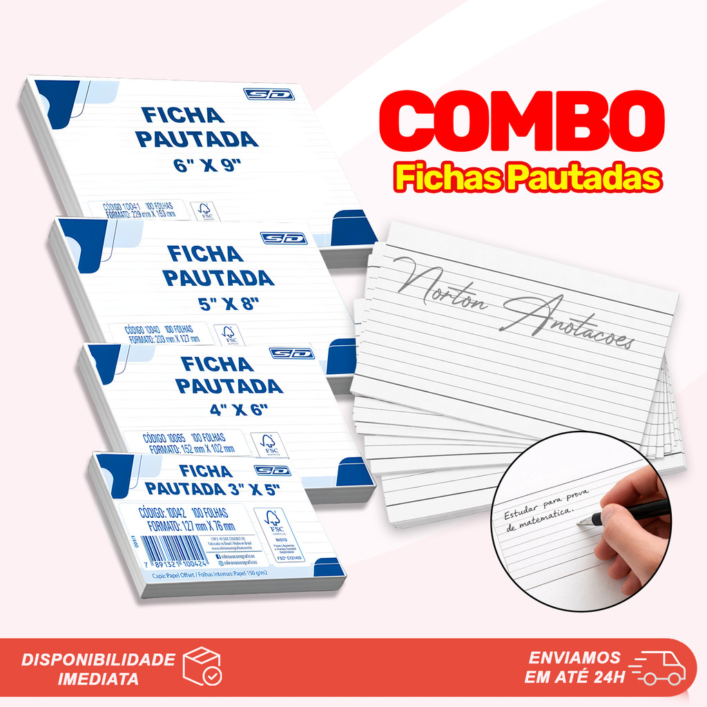 KIT Ficha Pautada 3x5 / 4x6 / 5x8 / 6x9 Para Anotações 100 Folhas Tamoio 3 OU 2 UNIDADES