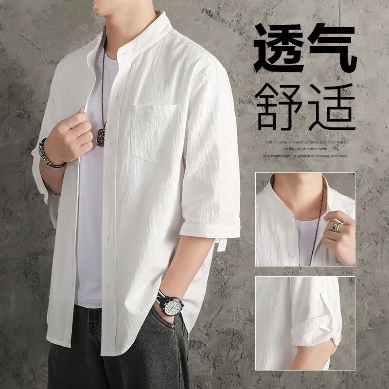 Camisa asiática masculina camisa de cor sólida solta estilo chinês verão algodão jaqueta Casual masculina camisa de mang