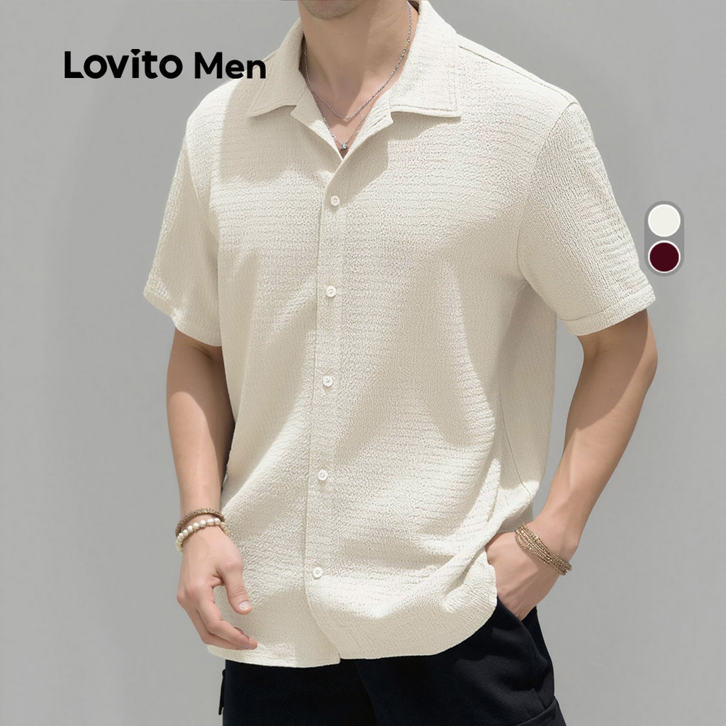 Lovito Men Camisa Casual de Botão com Frisos para Primavera/verão Cor Cáqui Claro para homens LNE118080 em Oferta na Shopee