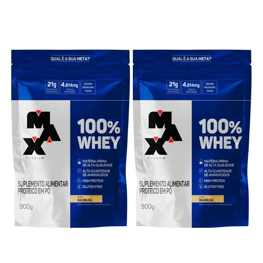 Kit 2 Whey Protein 100% Concentrado Baunilha Refil 21g de Proteína 900g Max Titanium
