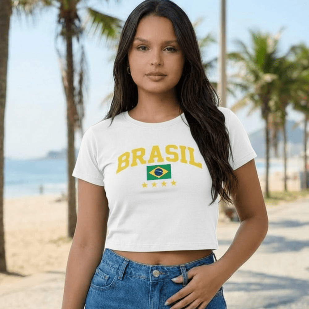 Cropped Manga Feminino Blusa Brasil Copa do Mundo Rio de Janeiro Verão Praia 2026