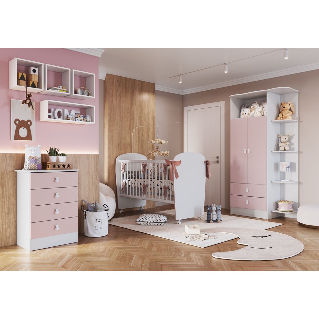 Quarto de Bebê Fofura, com Guarda-Roupa, Cômoda e Berço  Branco/Rosa em Oferta na Shopee