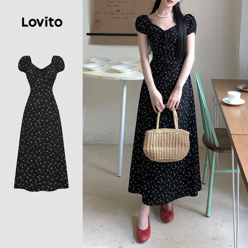 Lovito  Vestido Casual com Gravata Frontal Lazer Primavera/verão Preto para Mulheres L173AD043 em Oferta na Shopee