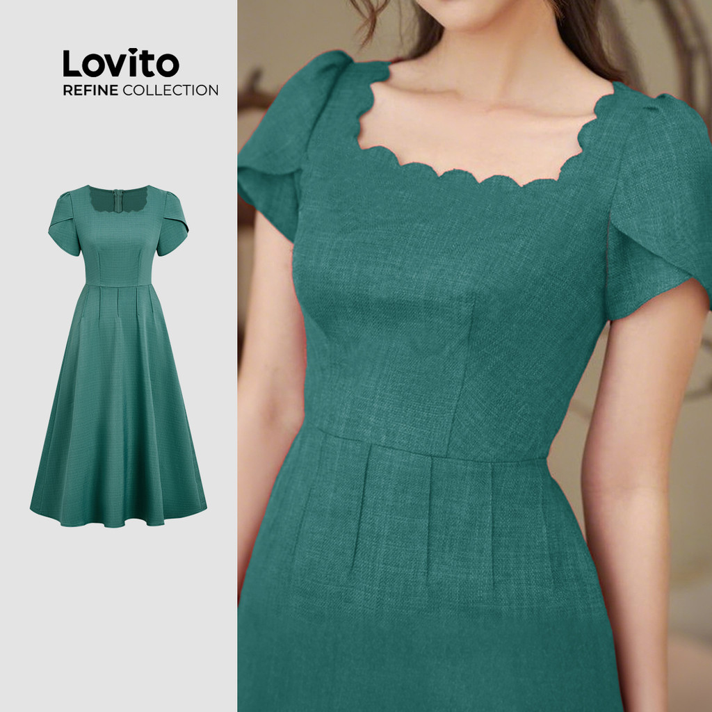 (Lovito Refine)  Vestido Feminino Verde Primavera/verão Linha Elegante Pregueada LR29L061 em Oferta na Shopee