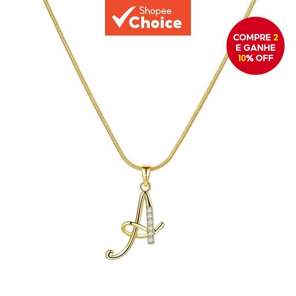 Colar de Ouro com Pingente de Letra A Incrustado de Diamantes em Aço Inoxidável para Mulheres em Oferta na Shopee