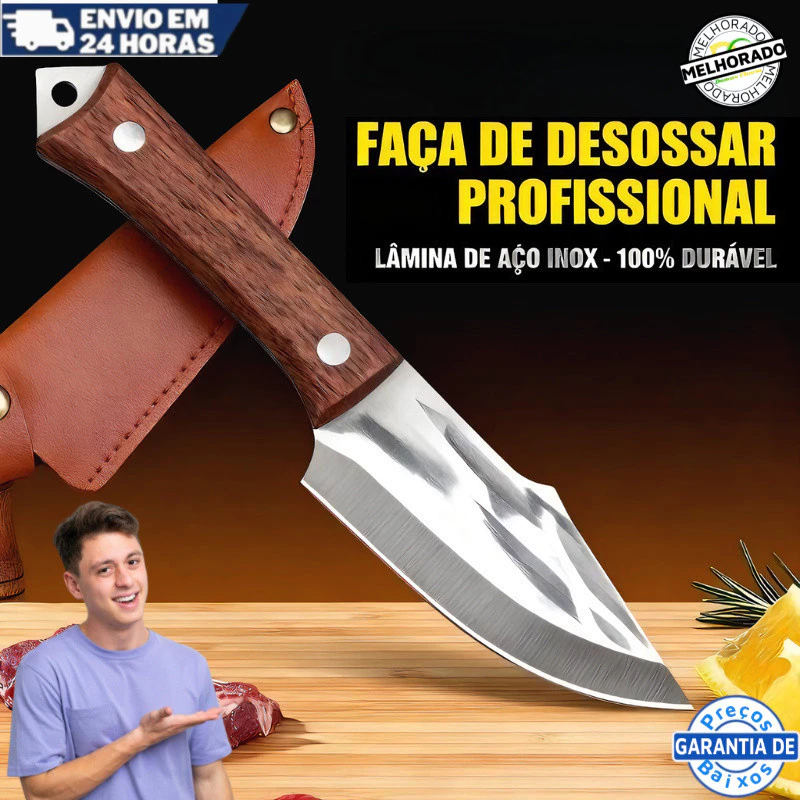 Faca Cutelo e Camping Artesanal, Aço Inox Afiado com Bainha de Couro Legítimo, Ideal para Desossar Carne e Aventura — imagem 1