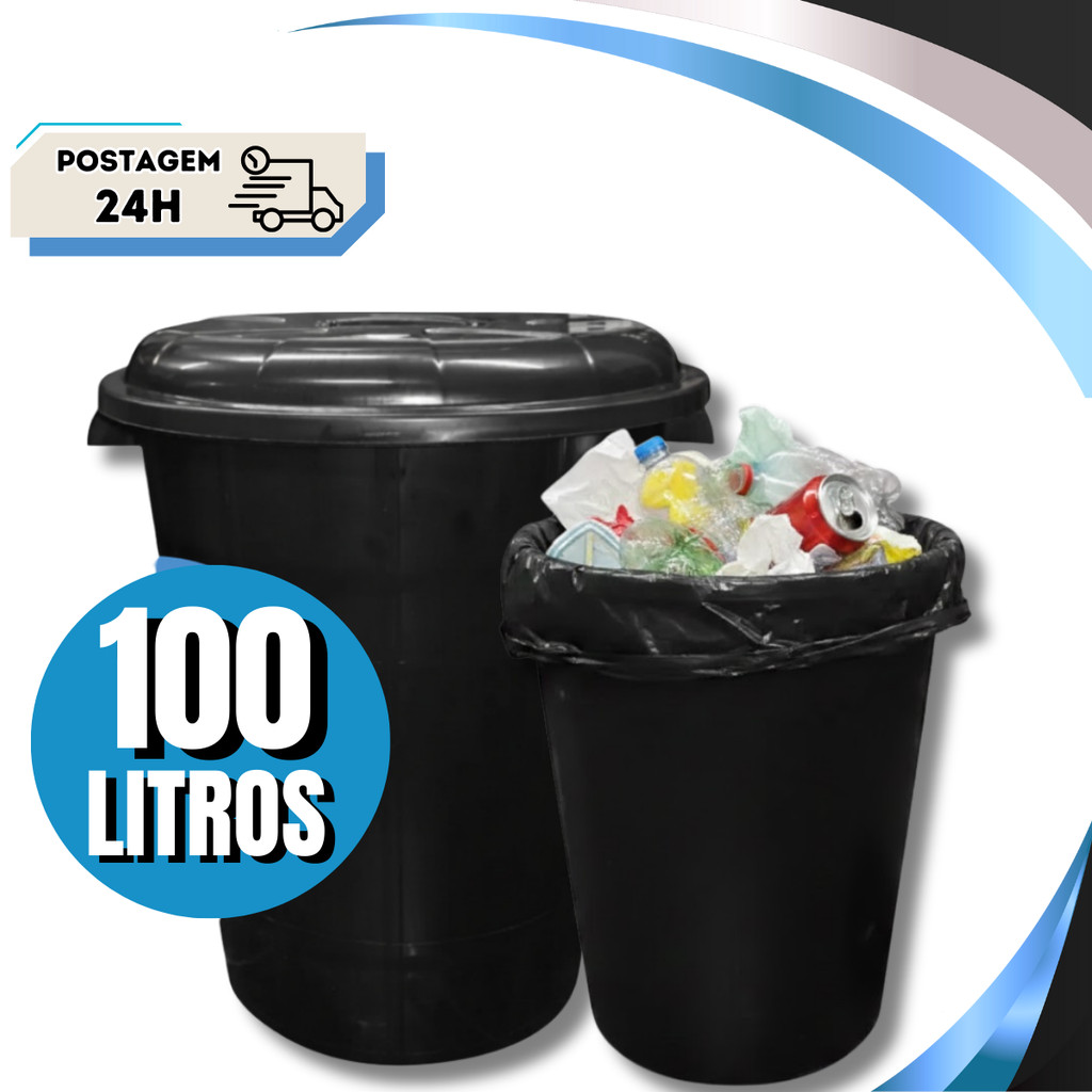 Kit 02 Cesto de Lixo Lixeira Cestão 100 Litros Com Tampa Preto Reforçado em Oferta na Shopee