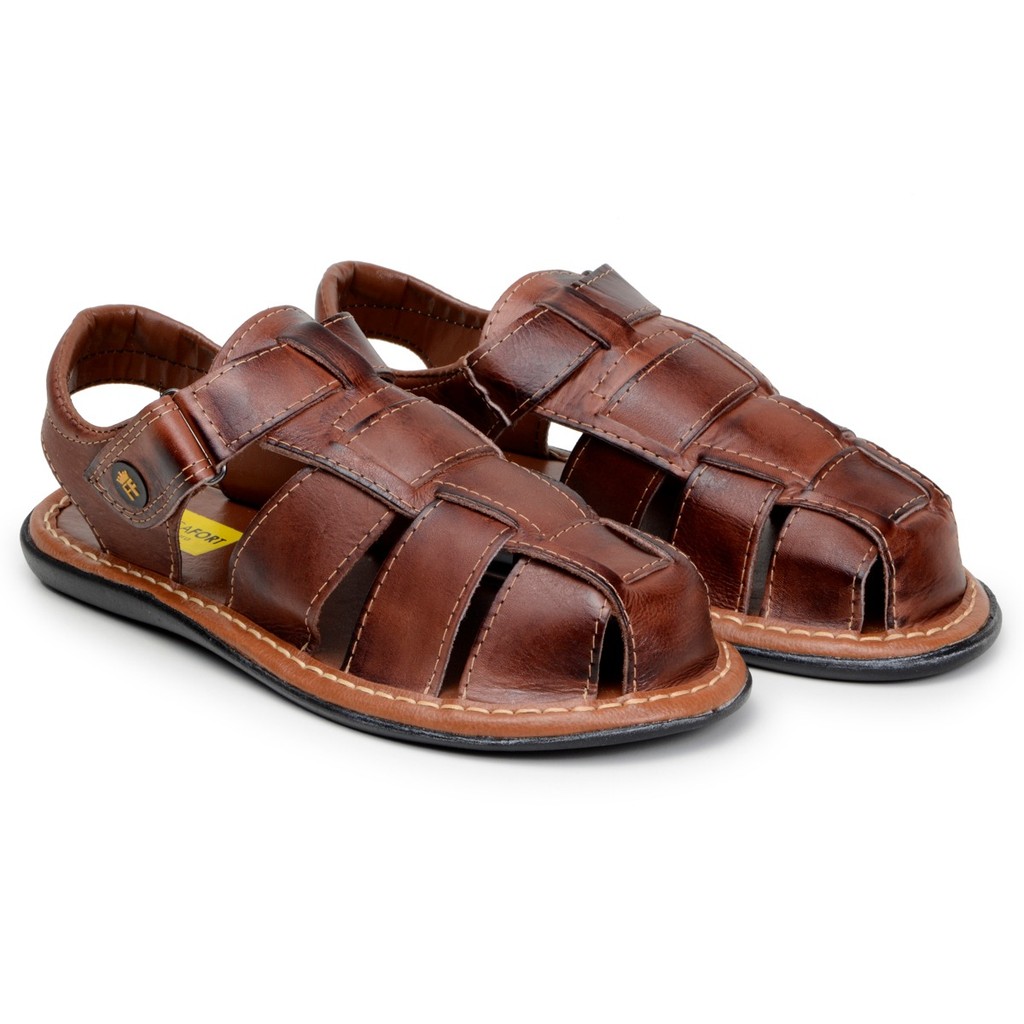 Sandália Chinelo Fechado Masculino em Couro 100% Legítimo com Velcro Casual Linha Conforto