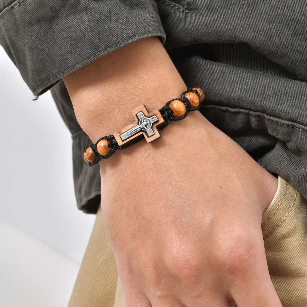 Vnox Pulseira Masculina Cruz de Madeira Terço Católico Presente Dia dos Pais Ajustável Jóia Religiosa para o Pai · foto 2