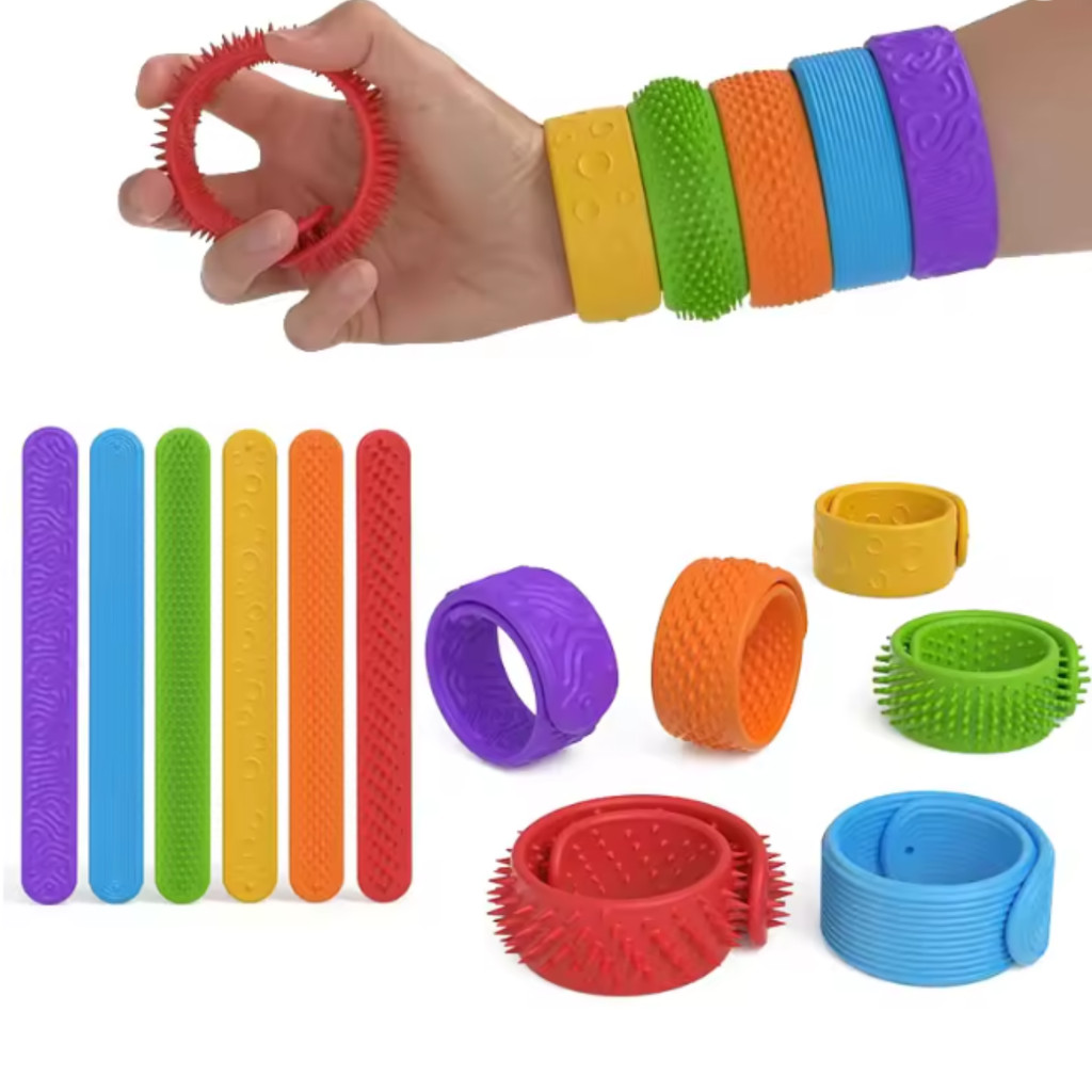 Kit c/6 Pulseiras Mordedor Sensorial Autismo TDAH Silicone com Texturas - Bate e Enrola