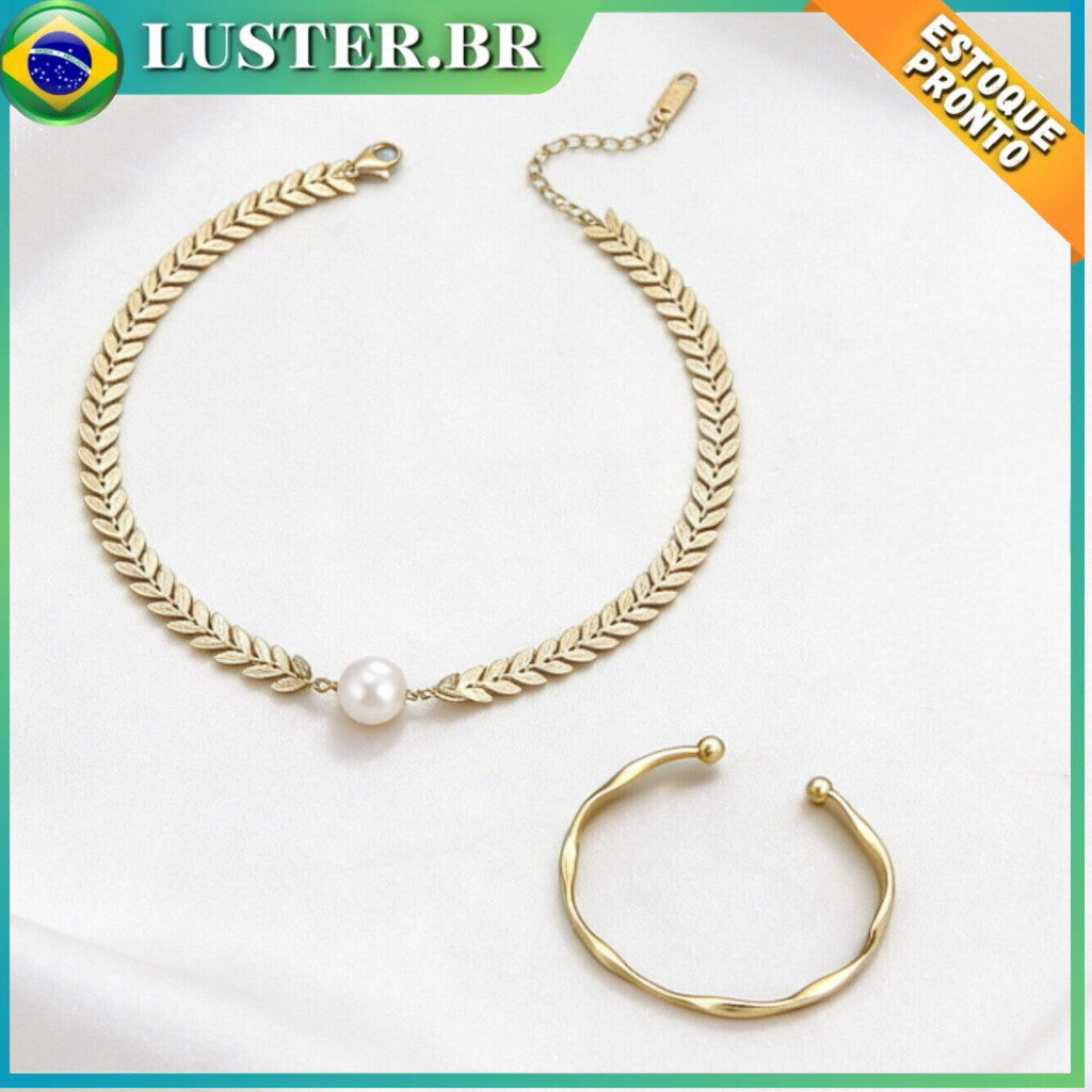 Conjunto de joias de duas peças com colar de pérolas e pulseira trançada de orelha de trigo dourada, presente de festa