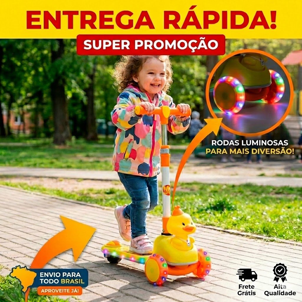 Patinete Infantil em Formato de Pato Fofo Com luzes de Led Pisca Pisca Brinquedo Radical - DMR6815