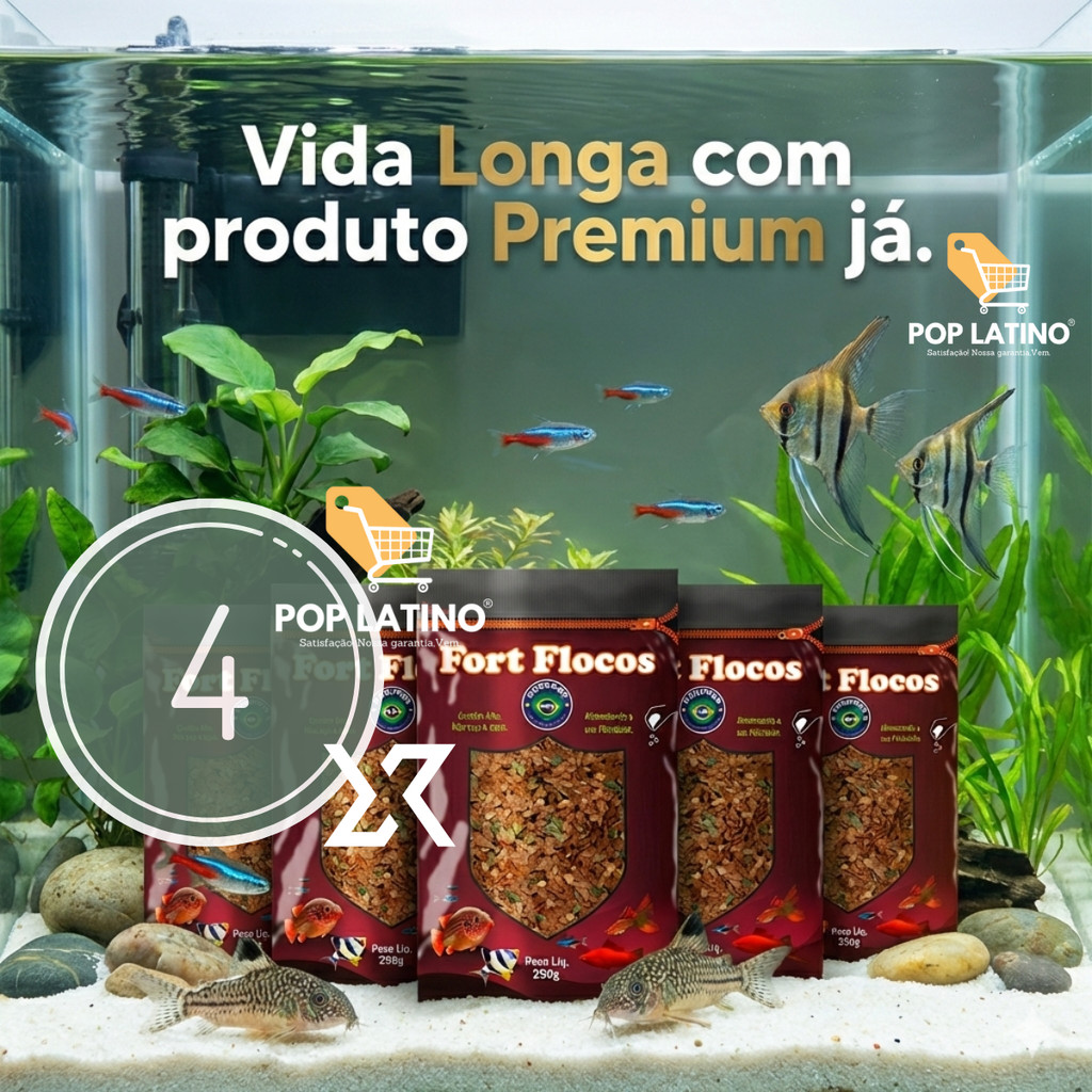 Leve 4 Ração Comida Para Peixe de Aquário em Flocos Pacotão Fort Flocos Maramar | Agora seus Peixes Vivem mais.