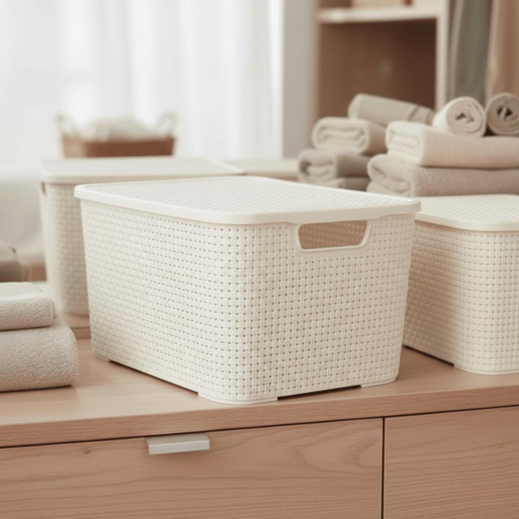 Kit 2/3/6 Caixa Organizadora Rattan 15L Branca Tampa Trava - ARQPLAST / Jogo Cesto Armazenamento