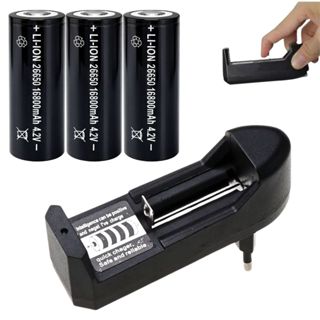 Kit Completo Carregador + 3 Pilhas/Baterias 26650 4.2V 16800mAh Recarregáveis em Oferta na Shopee