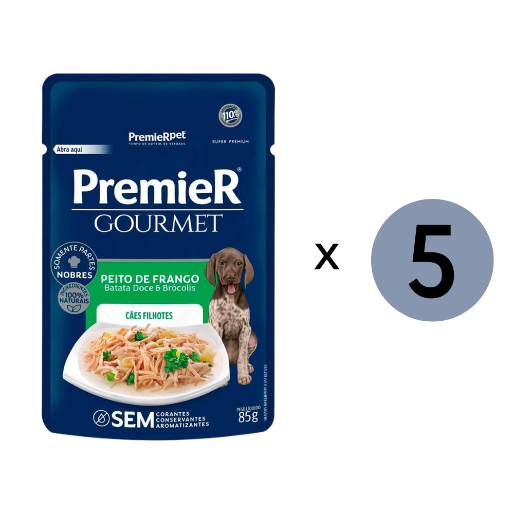 Kit 5 Ração Premeir Cães Sachê Gourmet Filhote Frango 85Gr em Oferta na Shopee