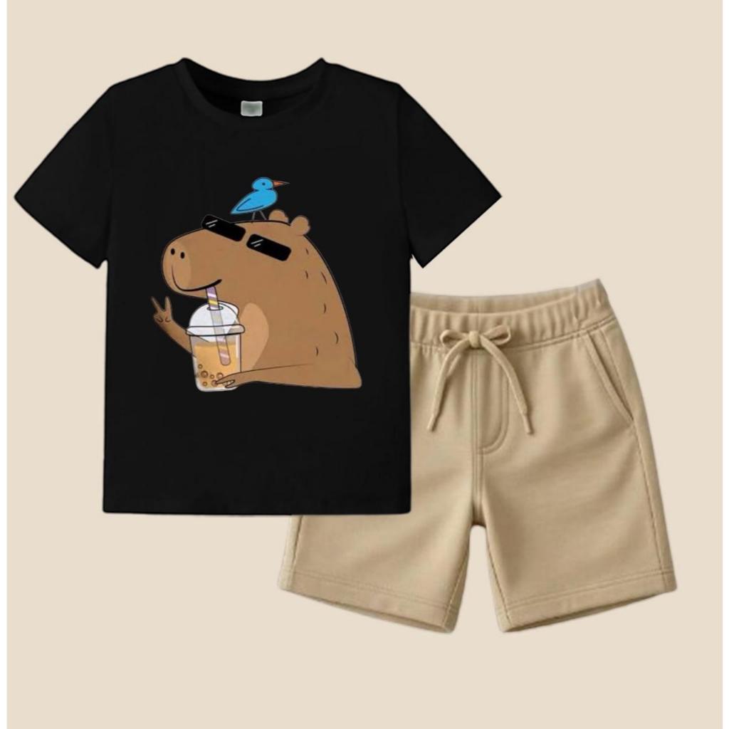 Conjunto Infantil Masculino Camiseta e Short Várias Estampas Capivara Óculos