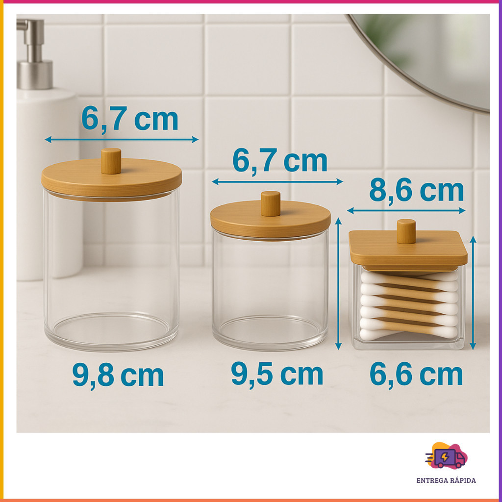 Kit 3 Organizadores de Banheiro com Tampa de Bambu – Multiuso, Hastes e Algodão em Oferta na Shopee