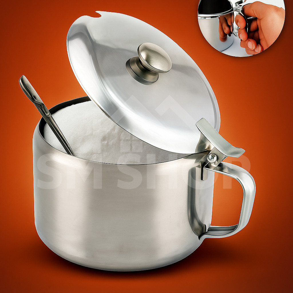 Açucareiro Em Aço Inox Com Capacidade 350 ml com Colher e Tampa Para Café – Elegância + Praticidade em Oferta na Shopee
