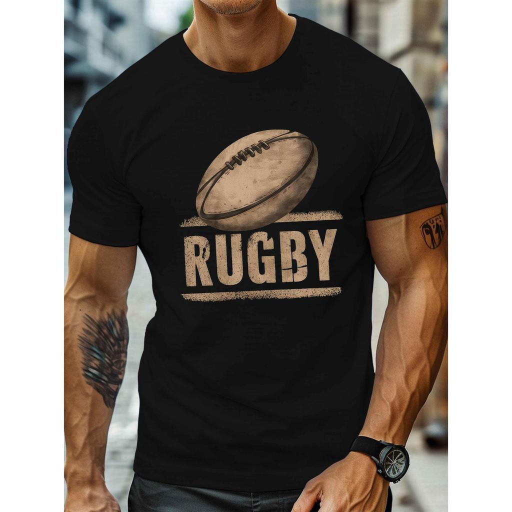 T-shirt gráfica de rugby para homem com bola de rugby e texto de rugby - T-shirt leve e respirável de manga curta com go