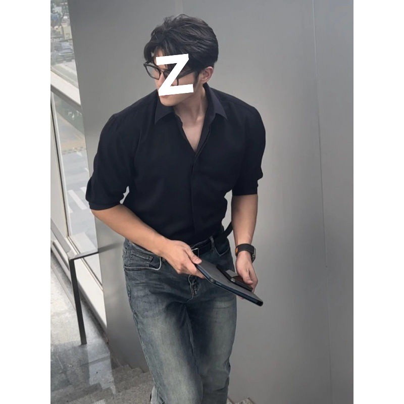 Nápoles camisa preta de manga comprida masculina 2025 primavera outono bonito terno de manga curta camisa masculina 2.4A