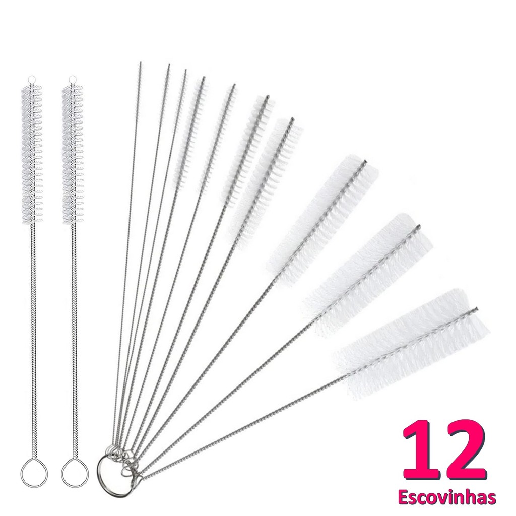 Kit 10 Escovas Limpeza Multiuso + 2 Escovas Haste Inox Cerdas Nylon p/ Canudos em Oferta na Shopee