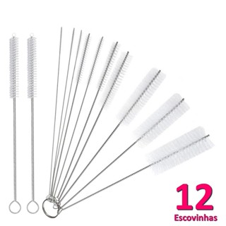 Kit 10 Escovas Limpeza Multiuso + 2 Escovas Haste Inox Cerdas Nylon p/ Canudos em Oferta na Shopee