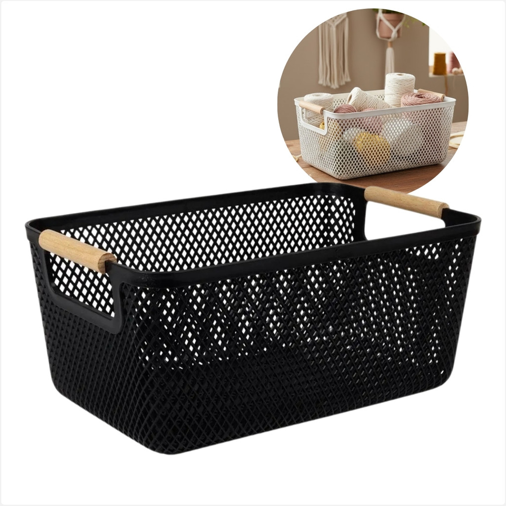 Organizador Prático Multiuso Cesto Plástico com Alça Madeira Bambu para Armazenamento Alim...