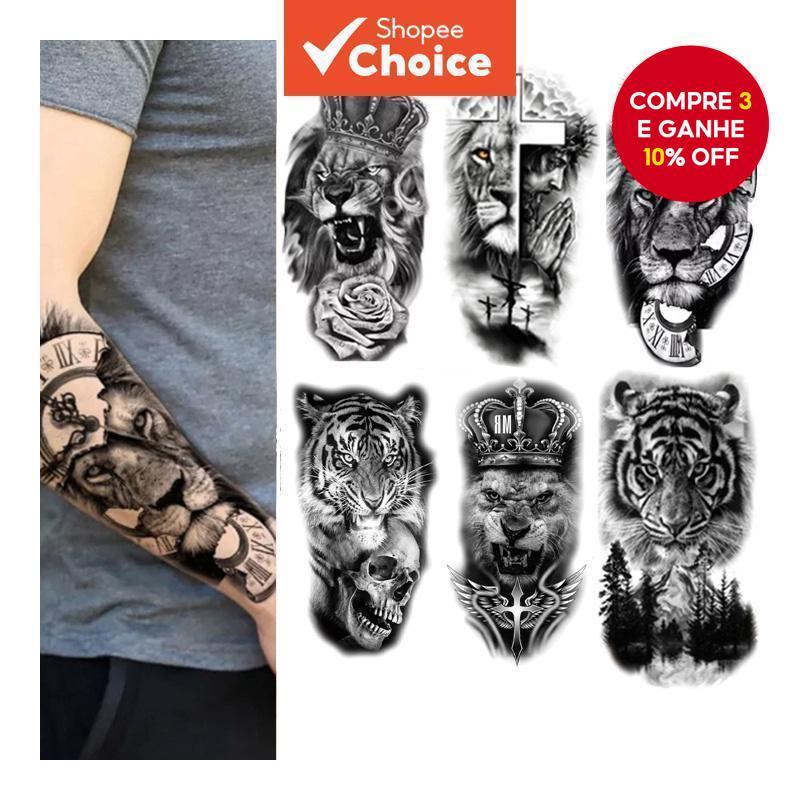 Tatuagem Temporária-Adesivo À Prova D'água Com Design De Caveira De Lobo Tigre , Leão , Arte Corporal Realista Para Mulh