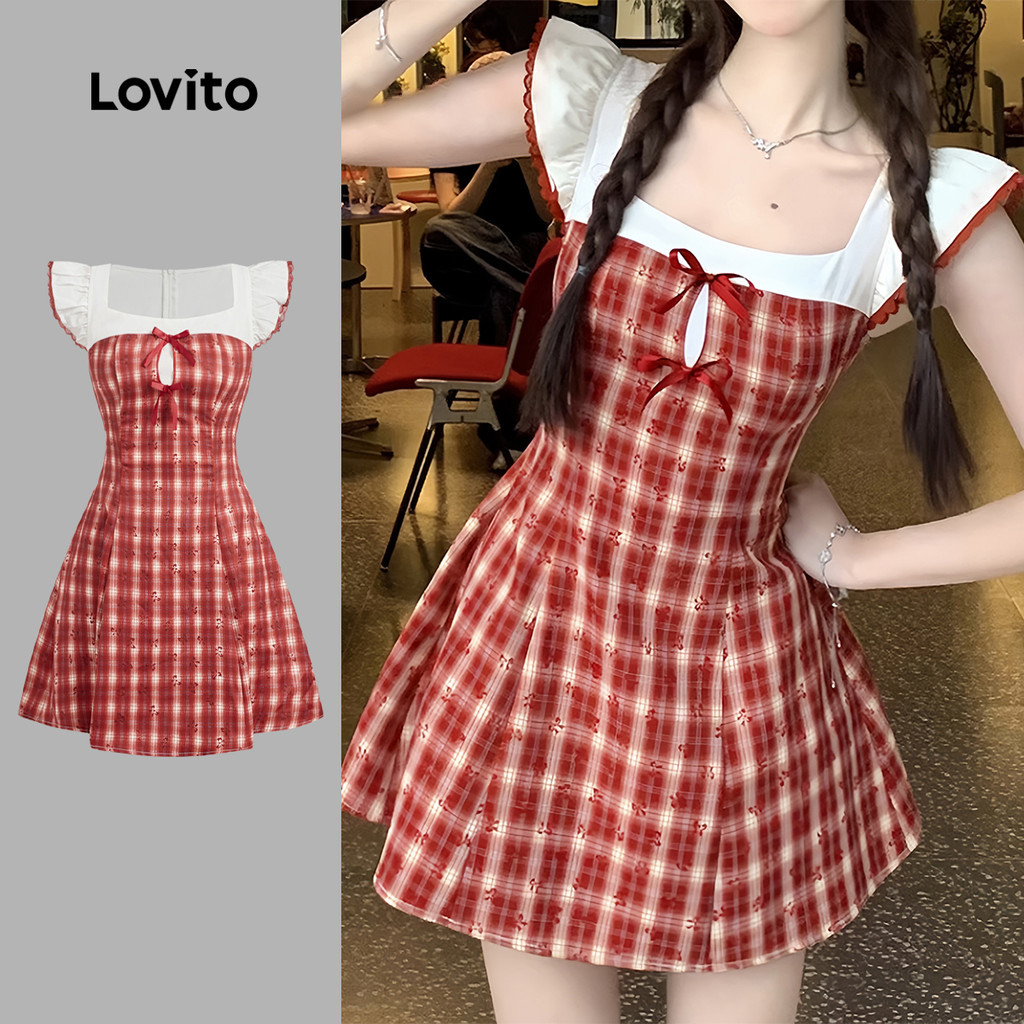 Lovito Vestido Vermelho Com Laço E Renda Perfeito Para a Primavera/verão L144AD382 em Oferta na Shopee