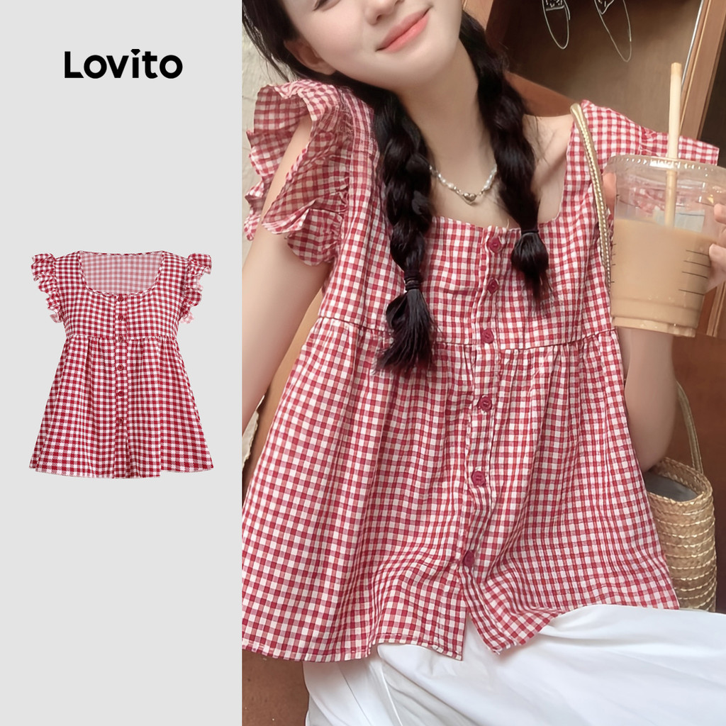 Lovito Blusa Feminina Casual Vermelha Estampa Xadrez Vichy Botões E Mangas Drapeadas Babados Primavera/verão L136AD143 em Oferta na Shopee