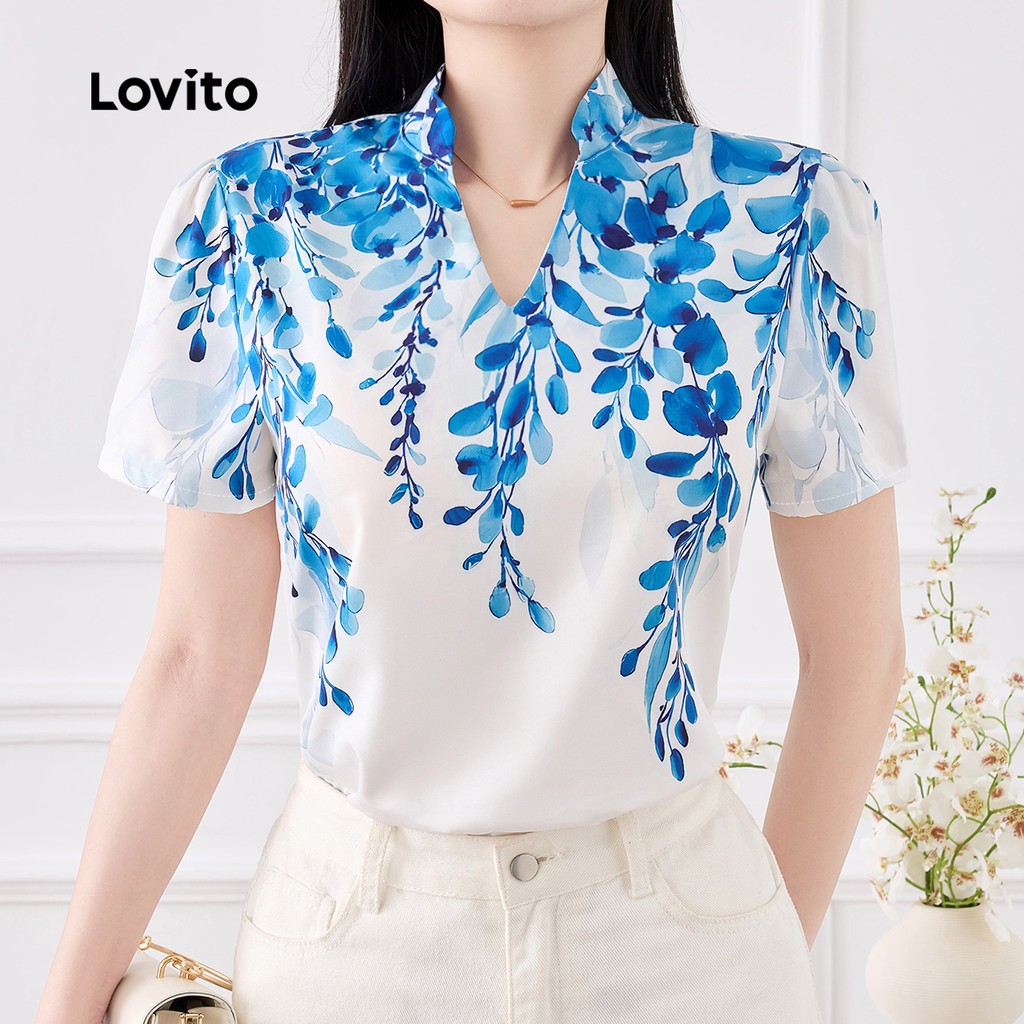 Lovito Blusa Casual Clássica E Versátil Com Estampa Floral E Fenda Primavera/verão Para Mulheres L155AD391