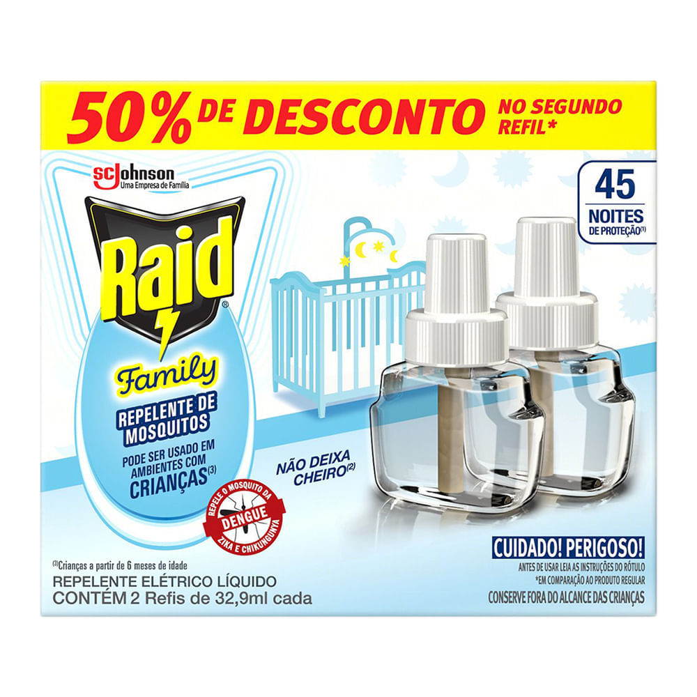 Refil Raid Family 45 Noites Repelente Líquido com 2 Unidades de 32,9 ml cada