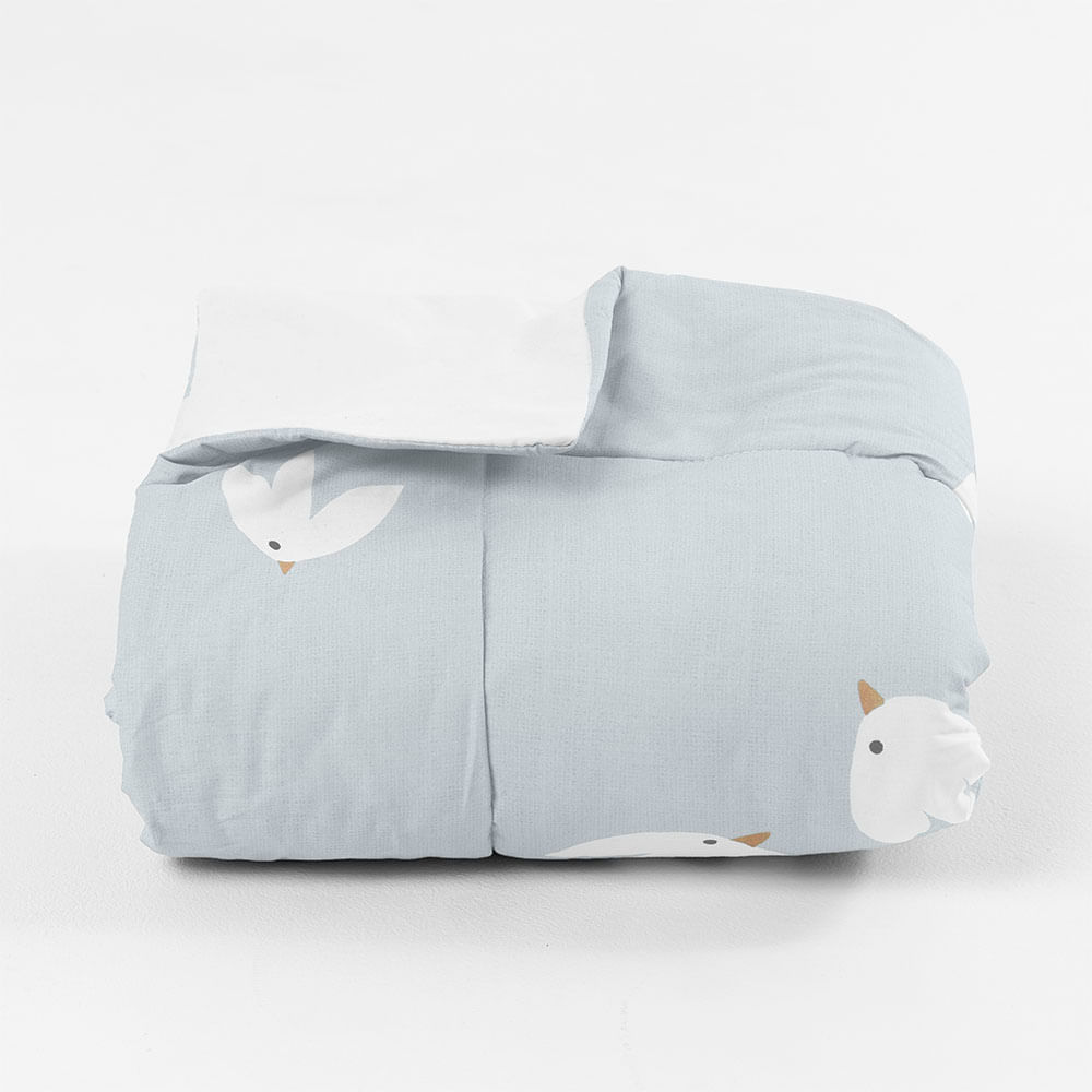 Edredom de Berço Dupla Face - Pássaro Azul e Percal Branco