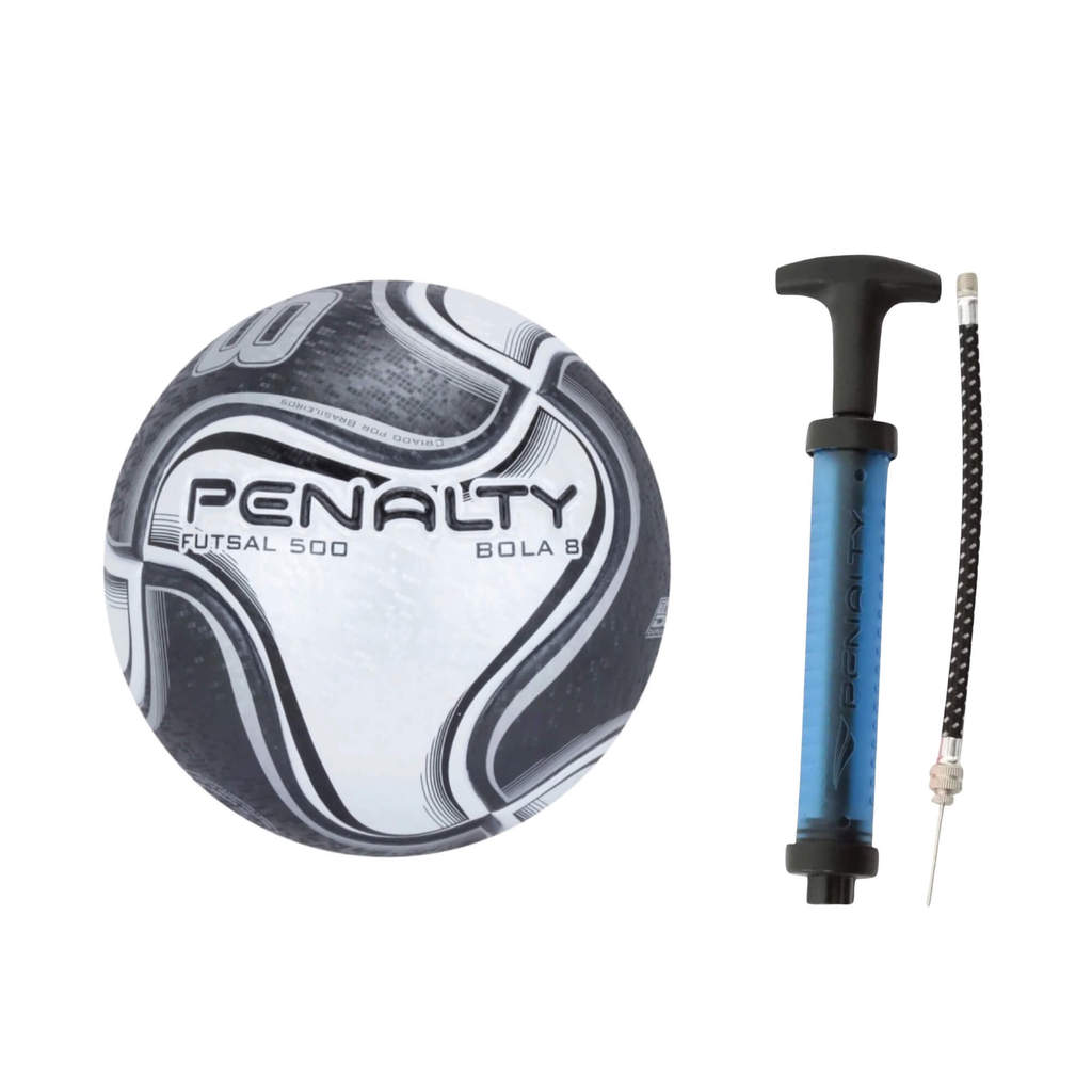 Kit Bola de Futsal Penalty 8 X Branca/Preta + Bomba de Ar Double Action Azul com Agulhas Futebol