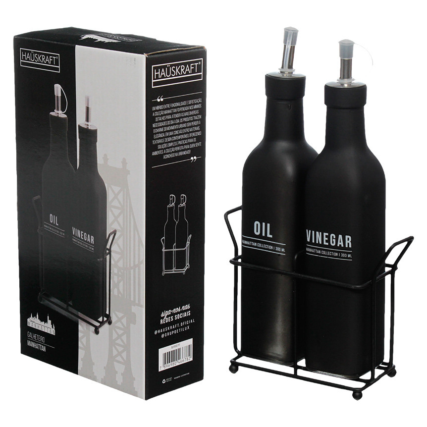 Galheteiro com Suporte Preto Hauskraft Manhattan Porta Azeite e Vinagre Mesa Posta Cozinha