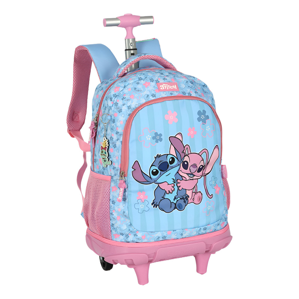 Mochila De Rodinhas Média Juvenil De Costas Stitch E Angel Com Chaveiro