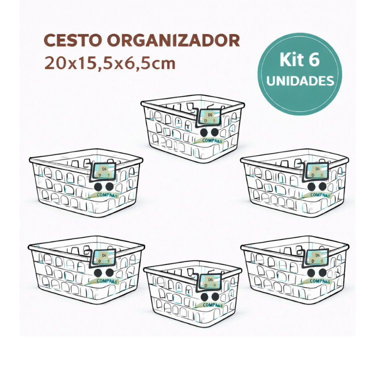 Kit 6 Cesto Organizador Multiuso Pequeno Transparente 16x12x6cm Armario Gaveta Geladeira Banheiro Cozinha Lavandeira
