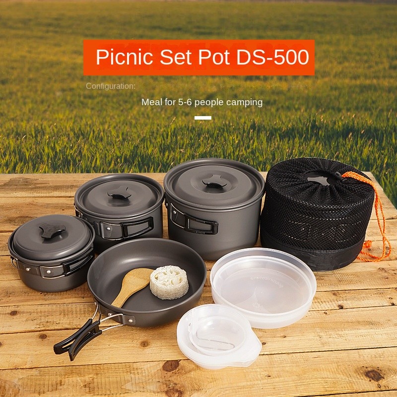 DS-500 Conjunto de panelas para acampamento ao ar livre, piquenique autônomo, portátil, 5-6 pessoas, conjunto de panelas