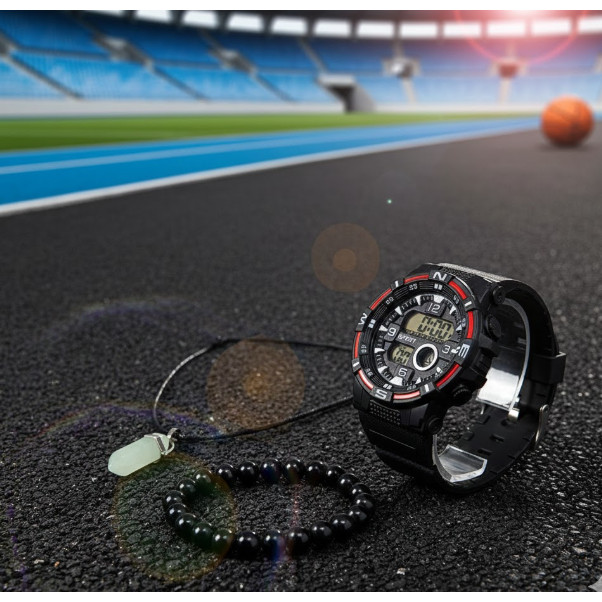 Kit Relógio Infantil Militar Digital LED Cronômetro Calendário Esportivo + Colar cordão Pedras pendulo + Pulseira