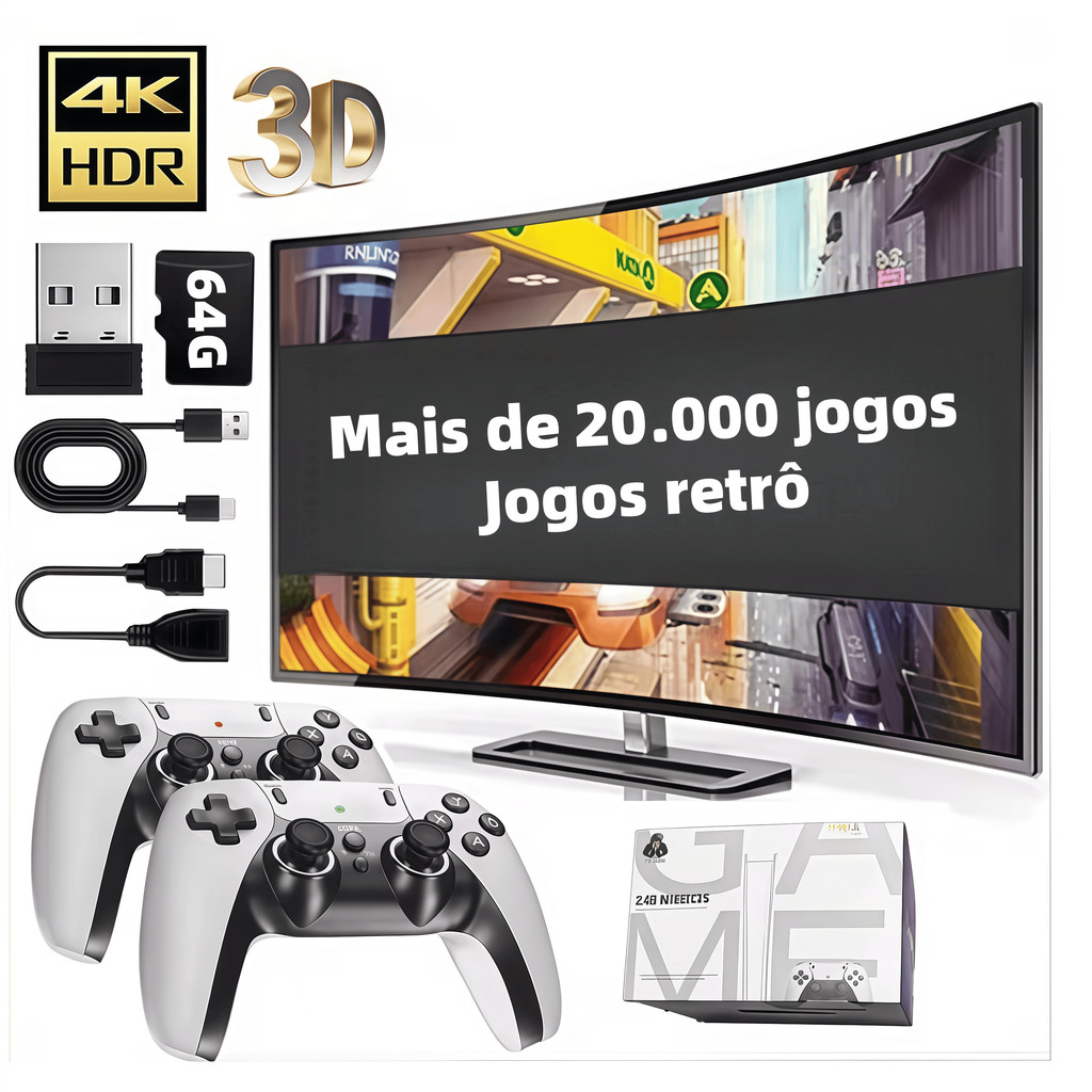 2025 NOVO Vídeo Game Stick M15 Pro 4k 64gb Hdmi Com 2 Controles Se Fio +20mil Jogos