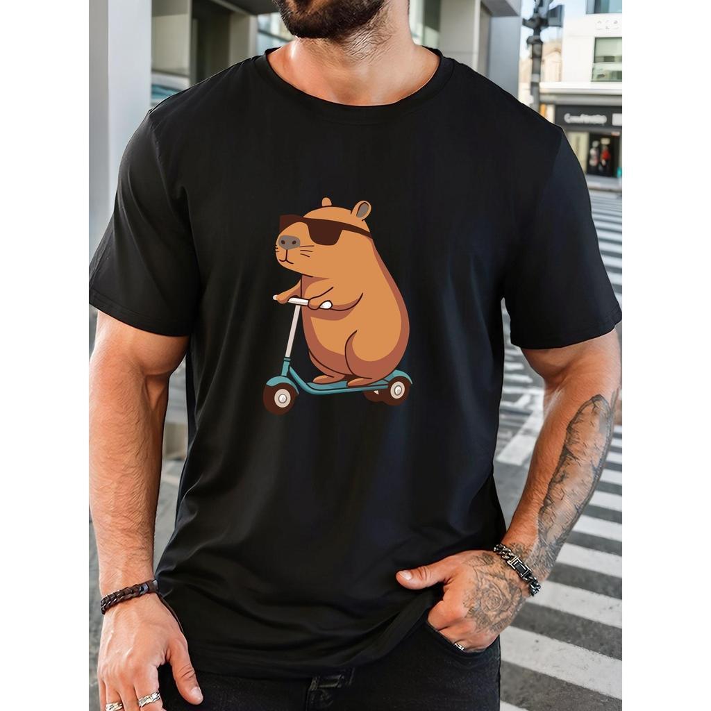 Camiseta Masculina Divertida com Estampa de Capivara em Scooter - Algod?o Leve, Corte Regular e Elasticidade Suave, Mang