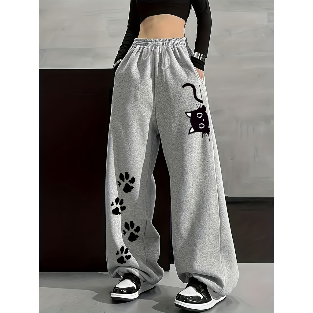 Calça Femininas Pernas Retas Baggy Wide Leg Gatinho Cat Animal Fofa Street Coreana Y2K Retro Moda em Oferta na Shopee